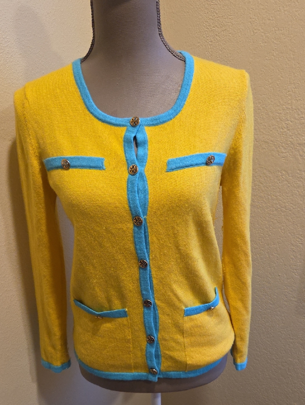 Tory Burch Women’s Yellow and Turquoise Crewneck Cardigan Sweater